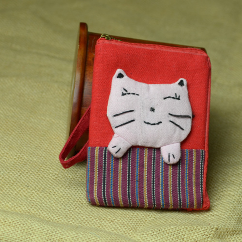 民族风精美手工布艺零钱包可爱卡通猫咪手机包随身多用包女010074图片
