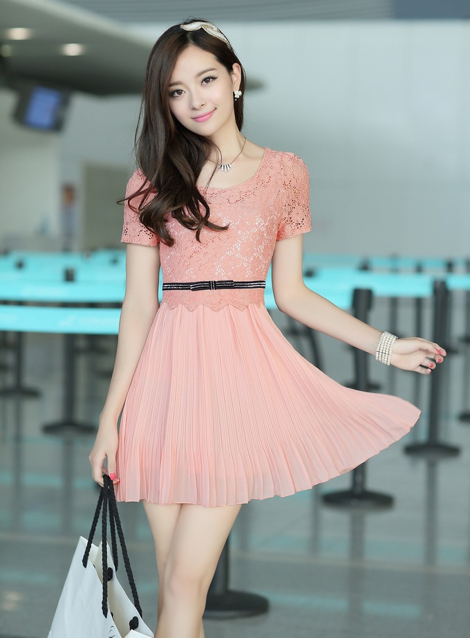 2013夏季女装新款韩版修身大码气质蕾丝雪纺连衣裙短袖裙子