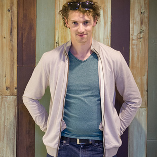 hotly 热例品牌男士清爽开衫纯色薄款 日韩修身版米色针织衫外套