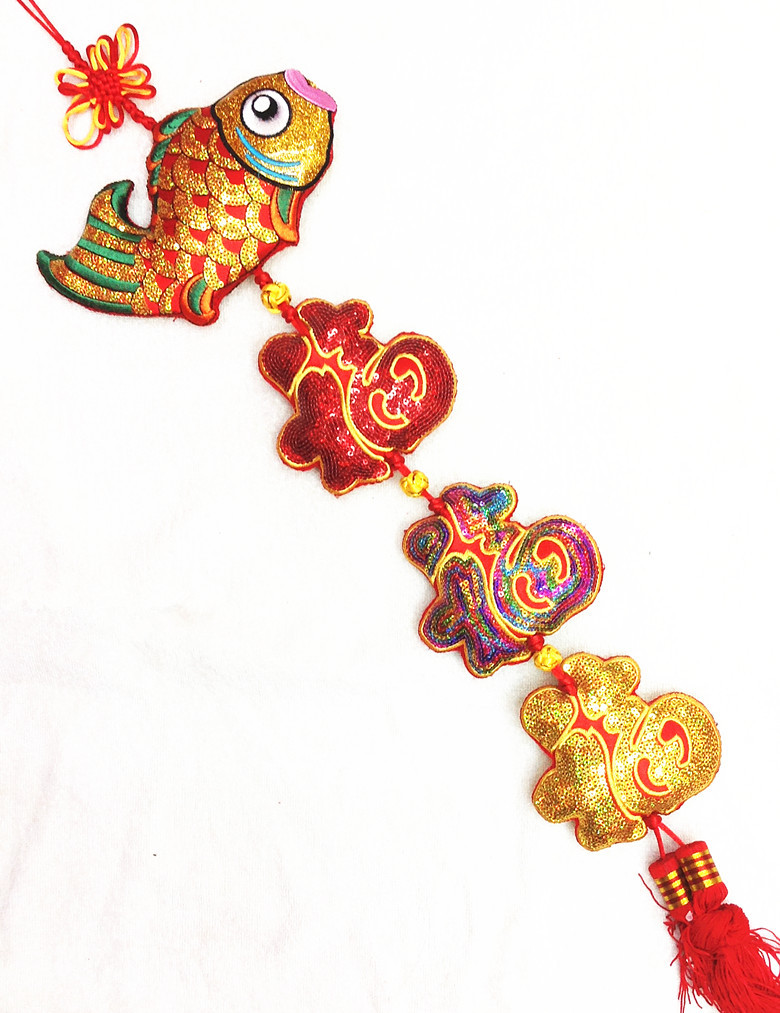春节喜庆用品 刺绣单亮片鱼 三个福挂件(20cm鱼 11cm的福字)
