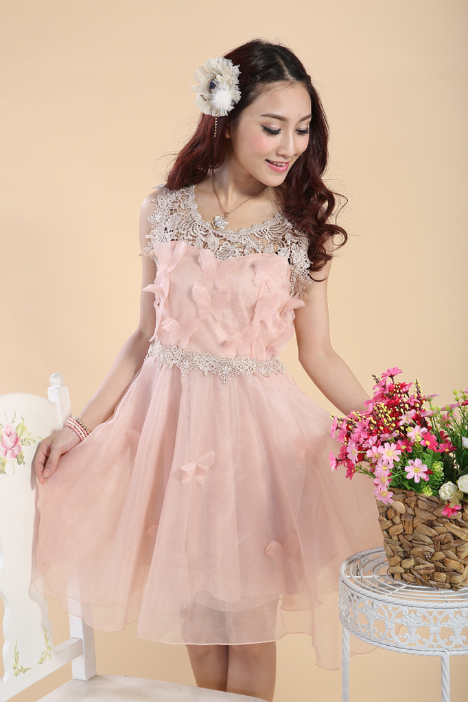 蝴蝶连衣裙 镂空刺绣蕾丝欧根纱公主裙 连衣裙女装 欧根纱蝴蝶连