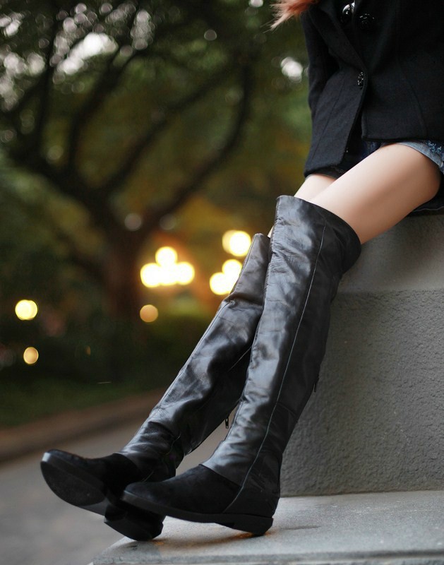 麦昆家冬款过膝靴 头层牛皮拼马毛长靴 全真皮高筒靴骑士靴女靴子图片