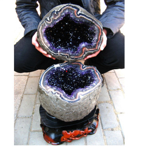 纯天然乌拉圭紫水晶洞钱袋子紫晶洞聚宝盆摆件雷公蛋家居招财摆件