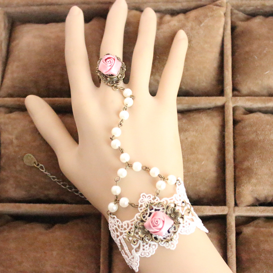 珍珠玫瑰蕾丝手链带戒指一体链 欧美人气单品 绿森的精灵 mtb137