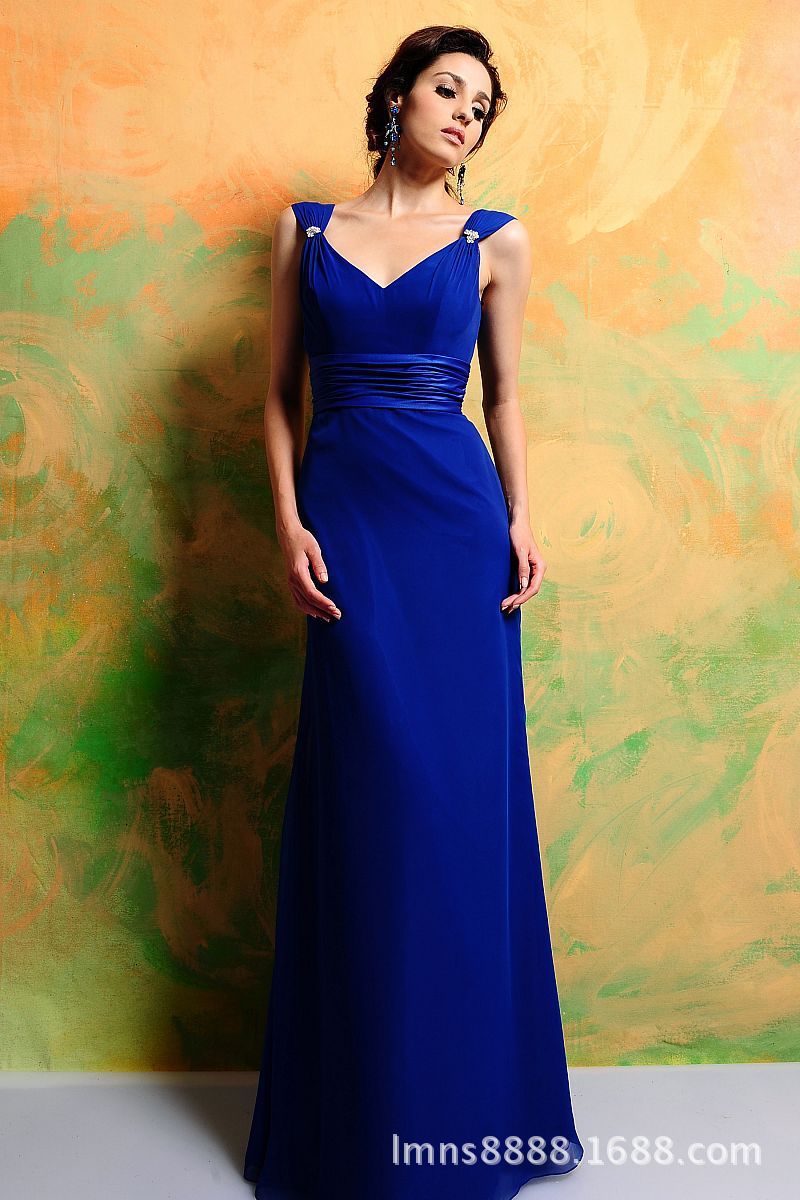 欧美新款外贸晚礼服 长款 蓝色礼服双肩 v领 演出礼服 工厂批发