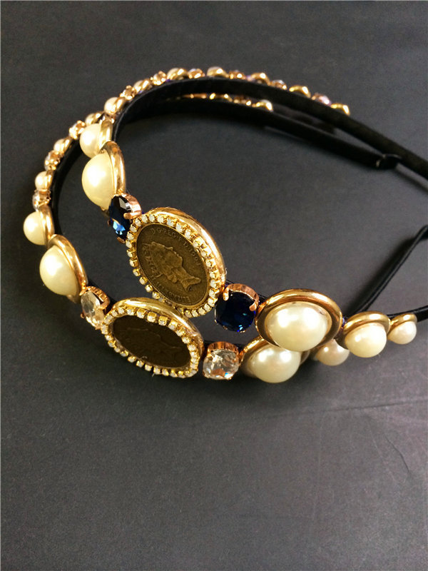 韩版 欧美复古风 复古超美女王头像珍珠宝石发箍珍珠头箍