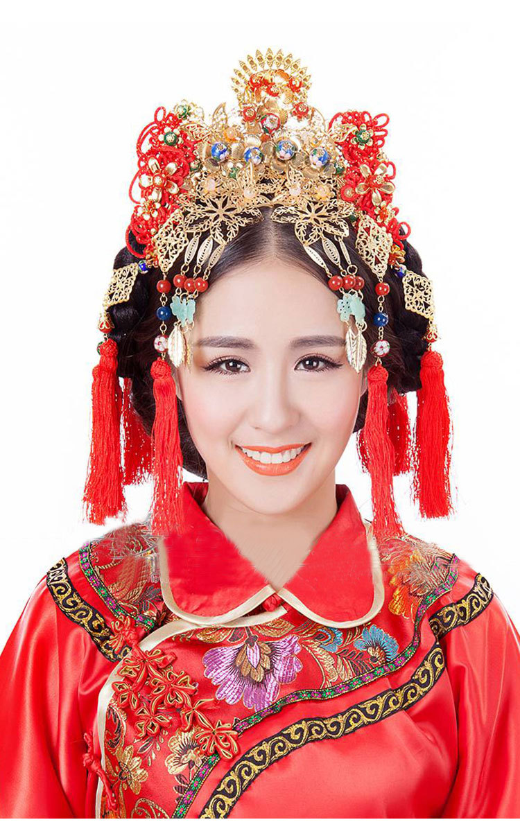 婚庆饰品宫锁心玉古装新娘头饰红色古典流苏造型发饰簪子凤冠