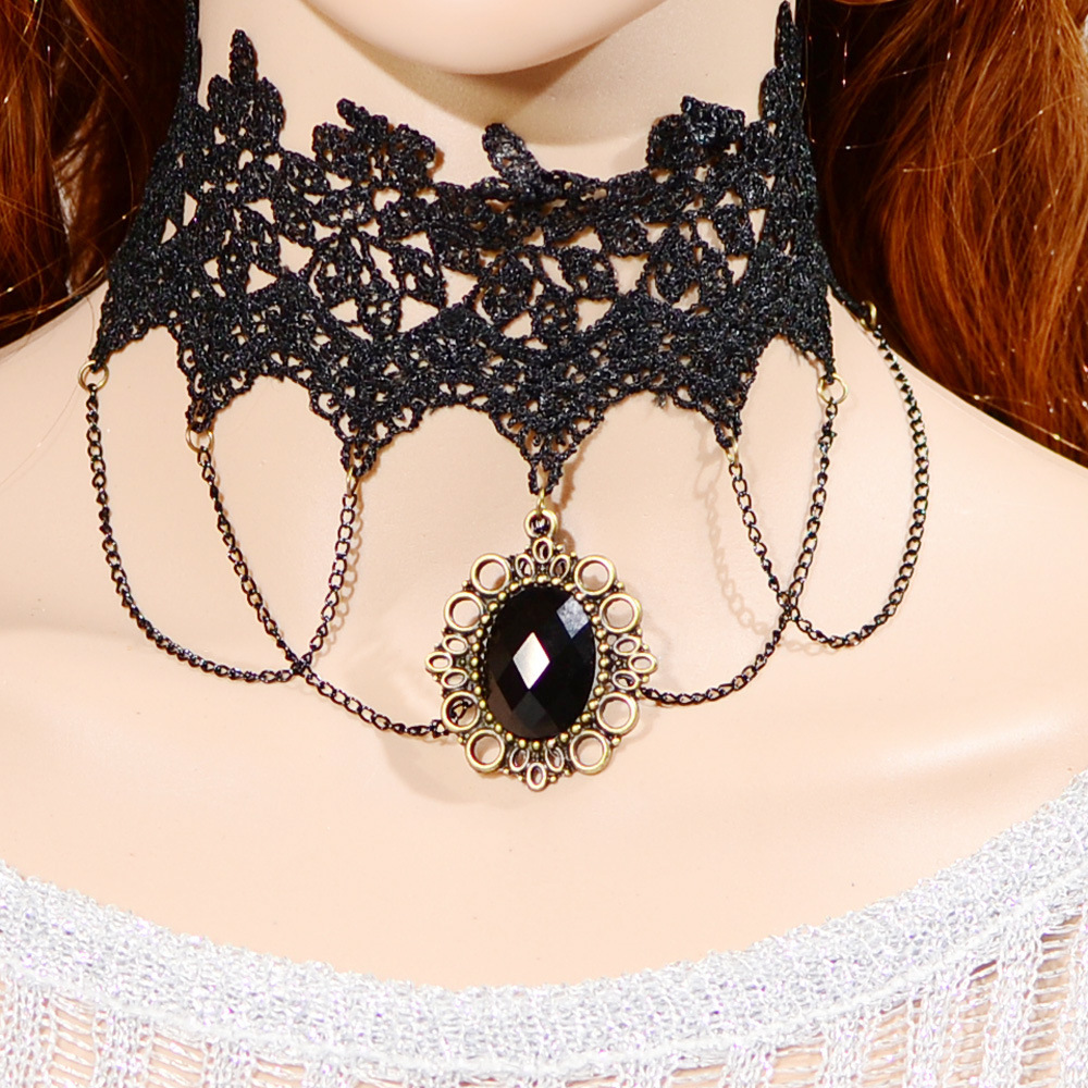 义乌项链批发暴款洛丽塔颈链蕾丝项链时尚宝石吊坠颈链毛衣领3271