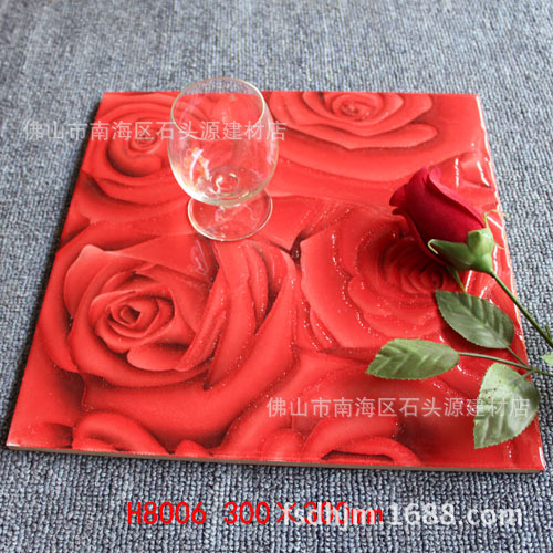 300*300mm灿烂红玫瑰背景砖 火红艳丽墙面墙壁瓷砖 背景抛晶瓷砖