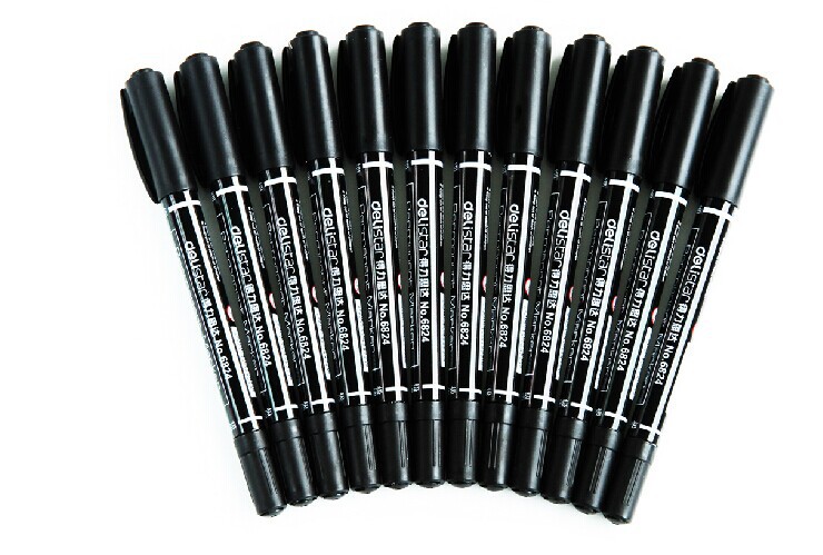 得力6824小双头油性记号笔 特细勾线笔cd光盘笔 12支装