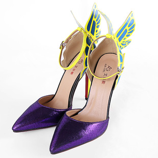 2014秋季新款 梦幻多彩蝴蝶后跟 细高跟瘦腿橡胶底 尖头高跟单鞋
