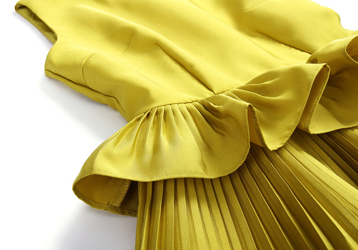 广东深圳2014秋季新款 欧美圆领纯色压褶荷叶边收腰修身a字裙无袖