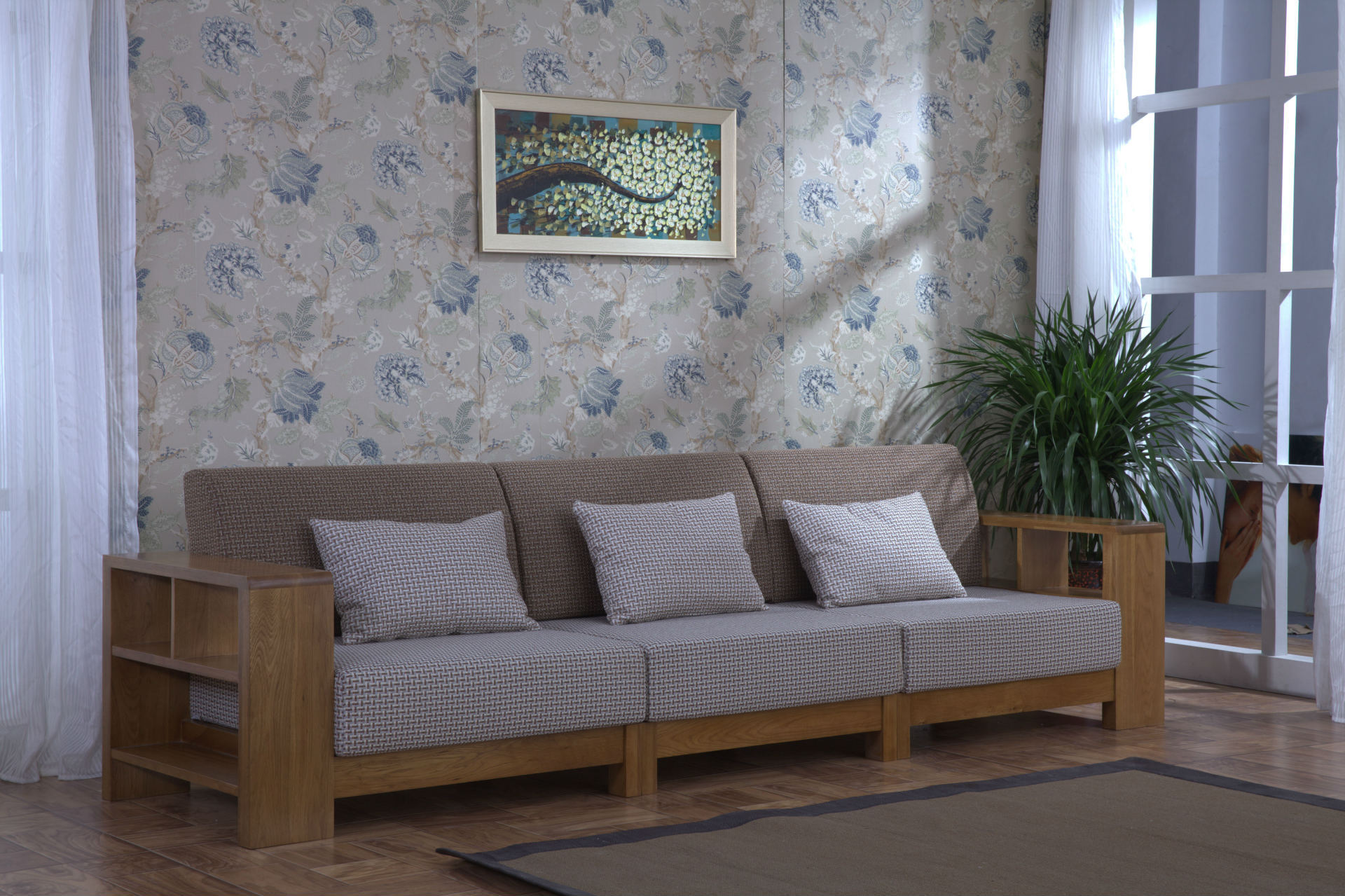 泽润木业 客厅拐角实木沙发 100%纯白橡木茶几组合沙发