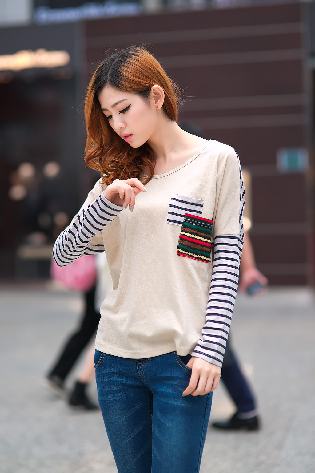 韩国2014春装新款女装韩版拼接条纹宽松长袖t恤3373