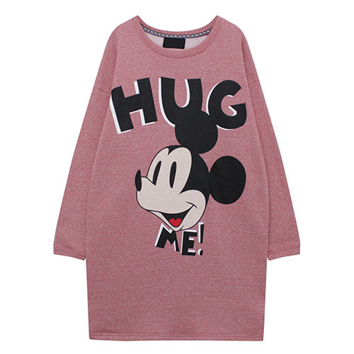 朵拉韩国女装新款,宽松大码套头蝙蝠袖加绒卫衣裙,卡通印花连衣裙