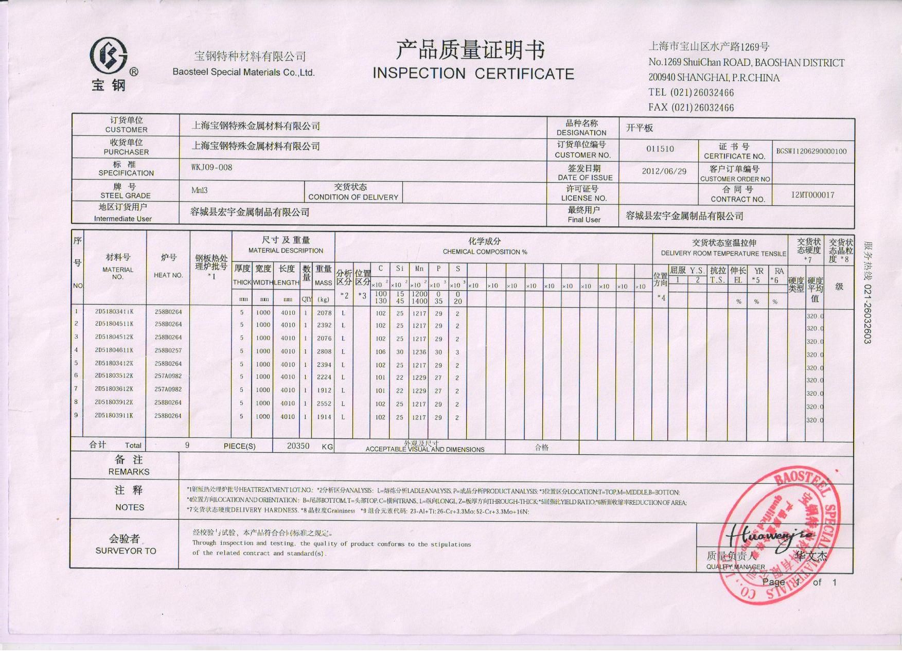 骨科钢板合格证图片