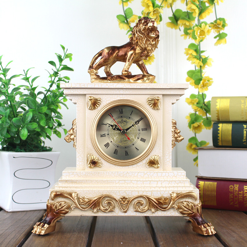 丽盛客厅座钟现代 古典树脂静音钟表 狮子时钟 创意个性 座钟欧式