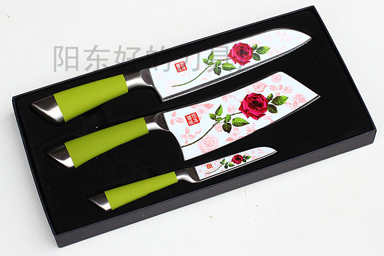 展销会 钢柄百年蔷薇印花三件套刀具套装厨具切片刀韩国菜刀批发图片