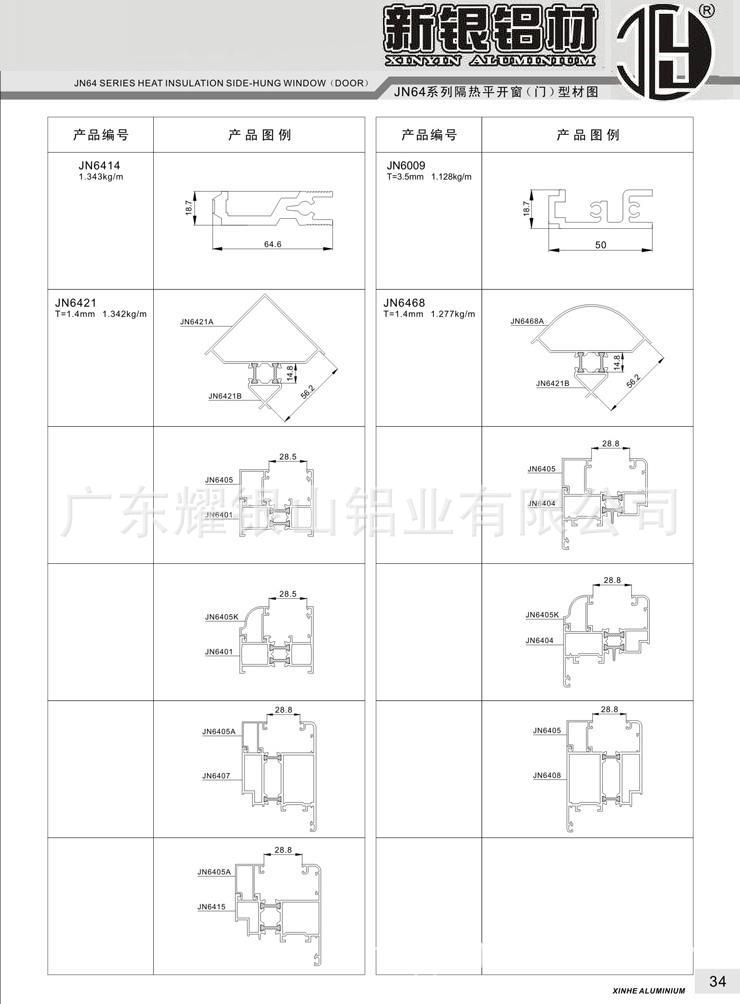 断桥型材 铝合金型材 隔热门窗铝型材 jn64系列隔热内平开窗