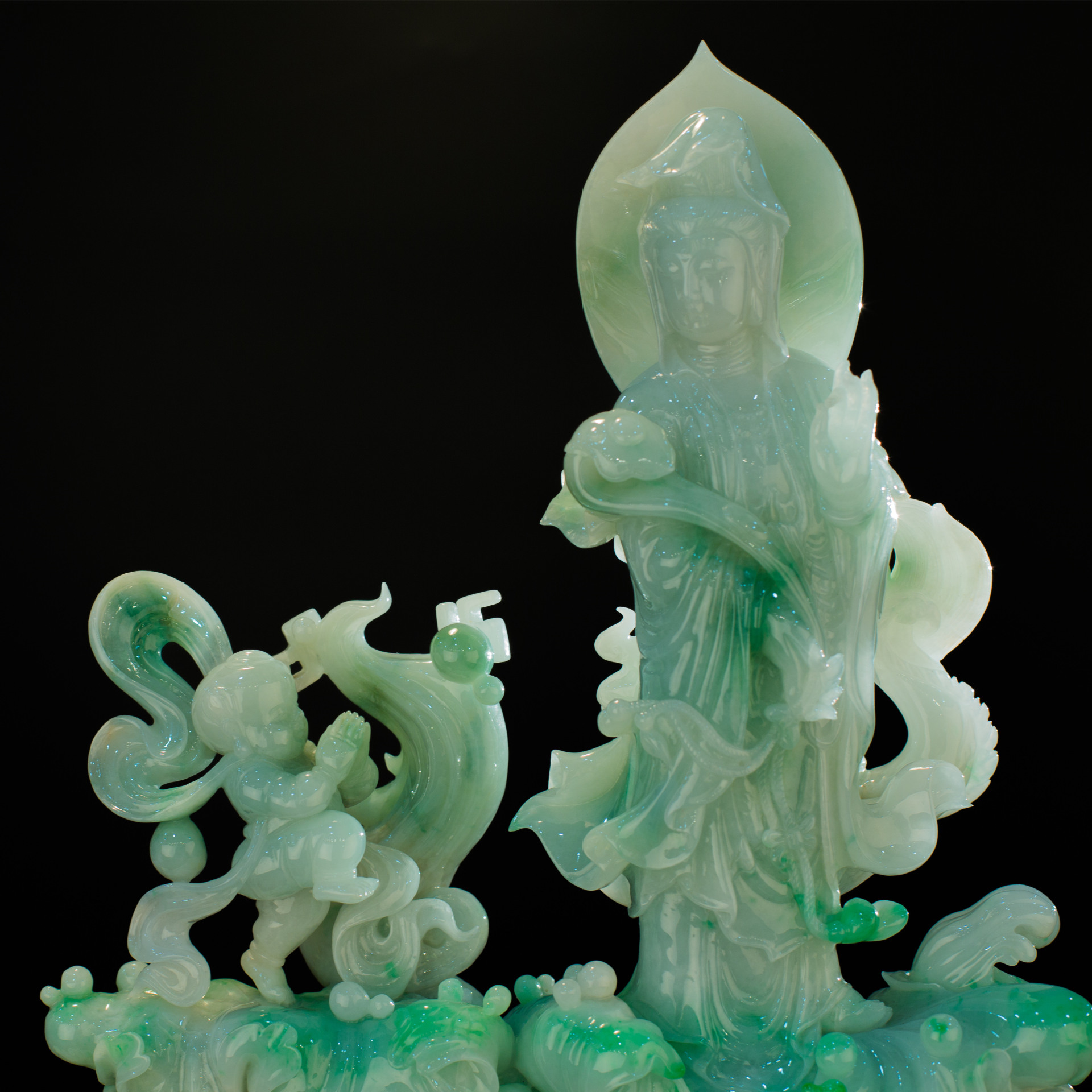 缅甸玉天然翡翠a货 老料糯种观音翡翠摆件 送子观音 可出证书