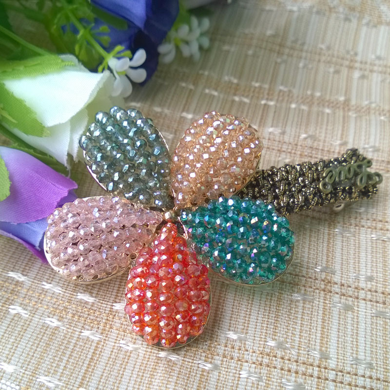 韩国进口 商场专柜精美串珠五瓣花水晶发夹 精品发卡发饰hd-0352