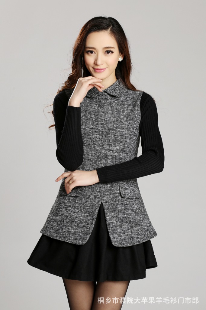 春装新款毛衣女韩版时装款娃娃领假口袋宽松套头针织毛衣裙打底衫