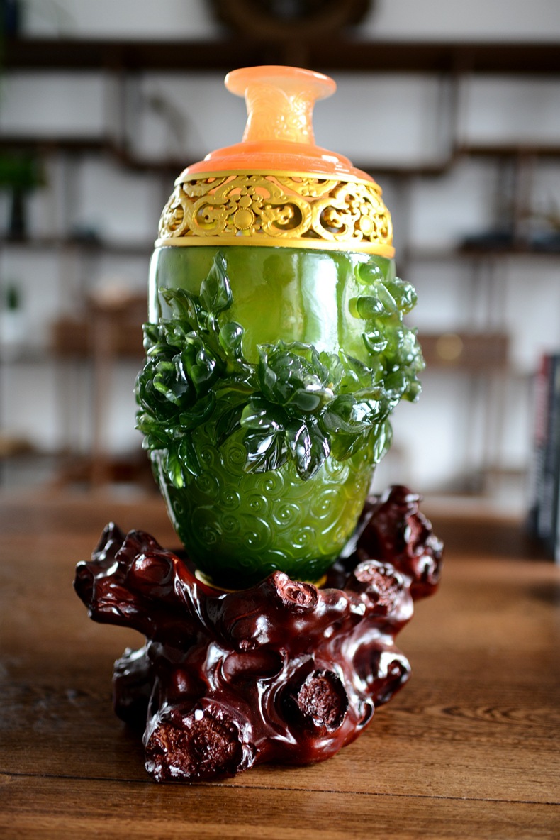 翠玉花开富贵 树脂工艺品 房间装饰摆件 仿玉花瓶 实用家居礼品