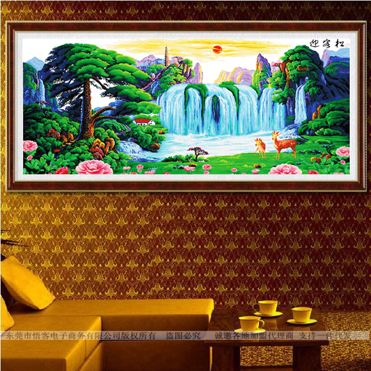 最新款准印花十字绣迎客松福禄版十字绣客厅大幅3d升5d山水画系列