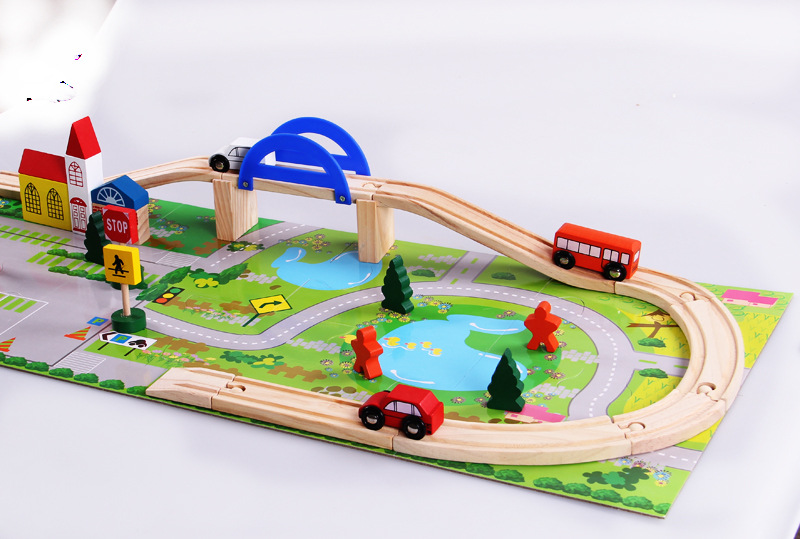 安徽马鞍山木制40片轨道立交桥交通场景城市组合积木木制玩具 拆装