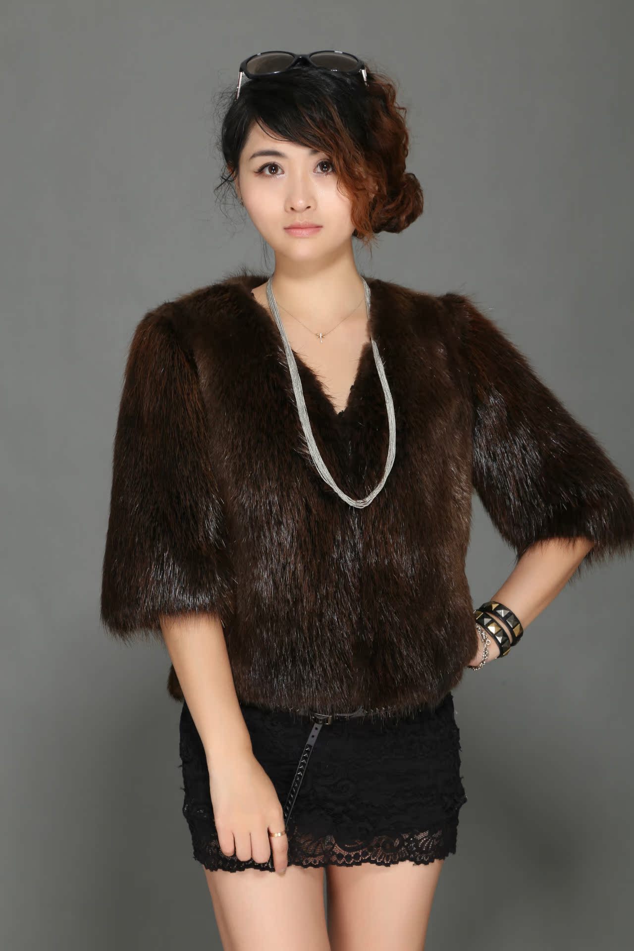 真皮海宁皮草外套新款2014绵羊皮海狸鼠中长款皮毛一体女士皮草