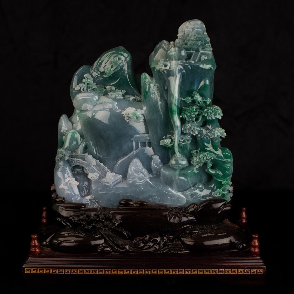 缅甸玉天然翡翠a货 糯种山水翡翠摆件 悟道 可出证书