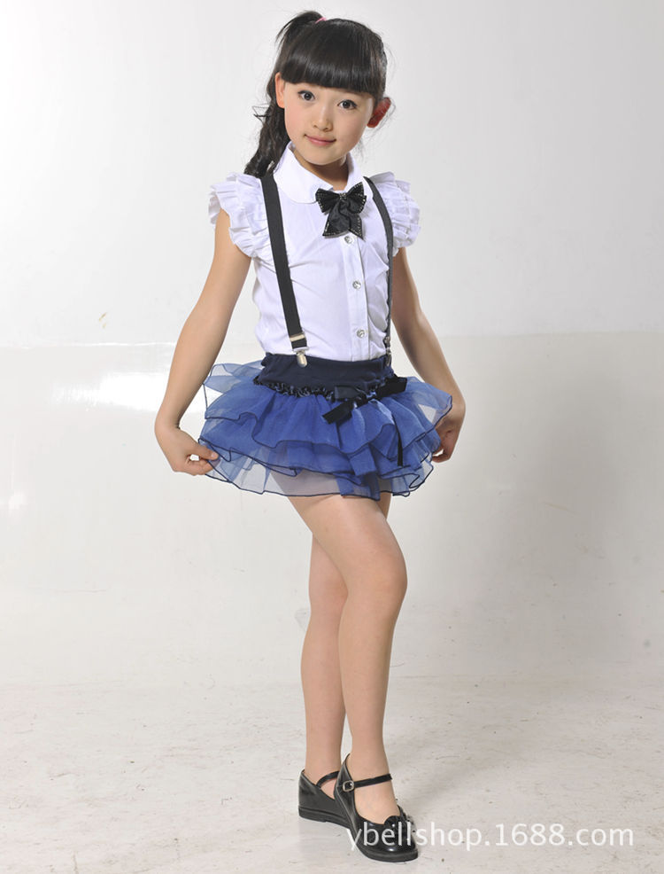 夏季儿童白衬衣蓝色领结短裙校服裙女童演出服运动服套装3-12岁