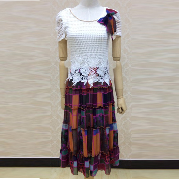 莎碧昵2014夏季新款修身镂空假两件时尚女装蝴蝶结碎花文艺范长裙