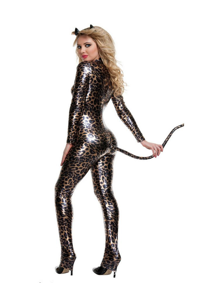 猫女郎连体豹纹漆皮情趣制服套装 变装派对狂野猫女郎装