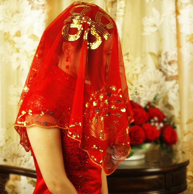 孔雀喜红盖头 结婚盖头 新娘红盖头 婚庆批发 亮片红头纱