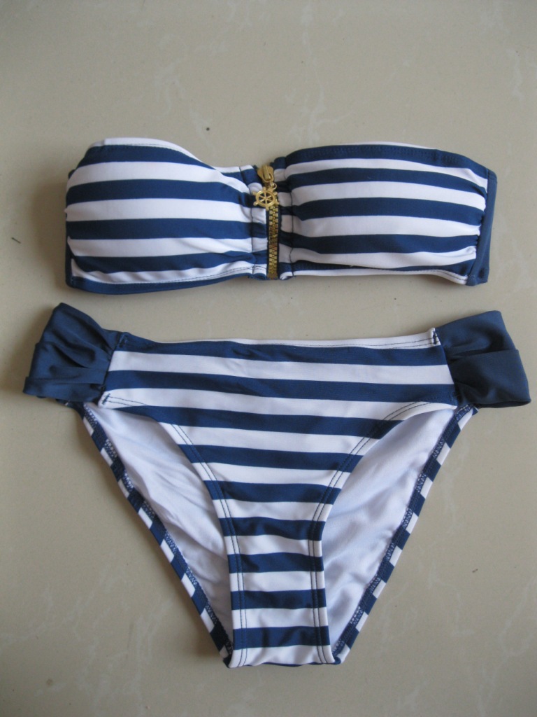 2014新款 外贸海军风泳装 蓝白条拉链比基尼泳衣 厂家批发