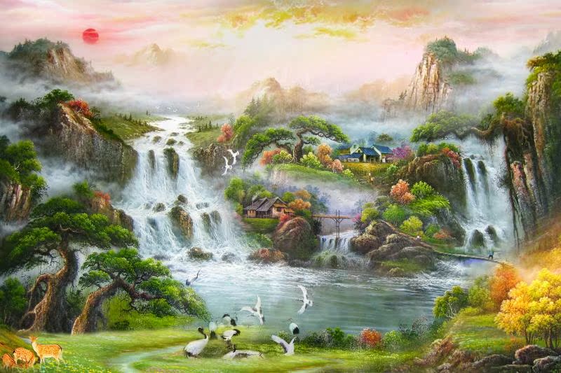 大型壁画 山水瀑布风景油画墙纸 酒店客厅沙发 电视背景壁纸壁画