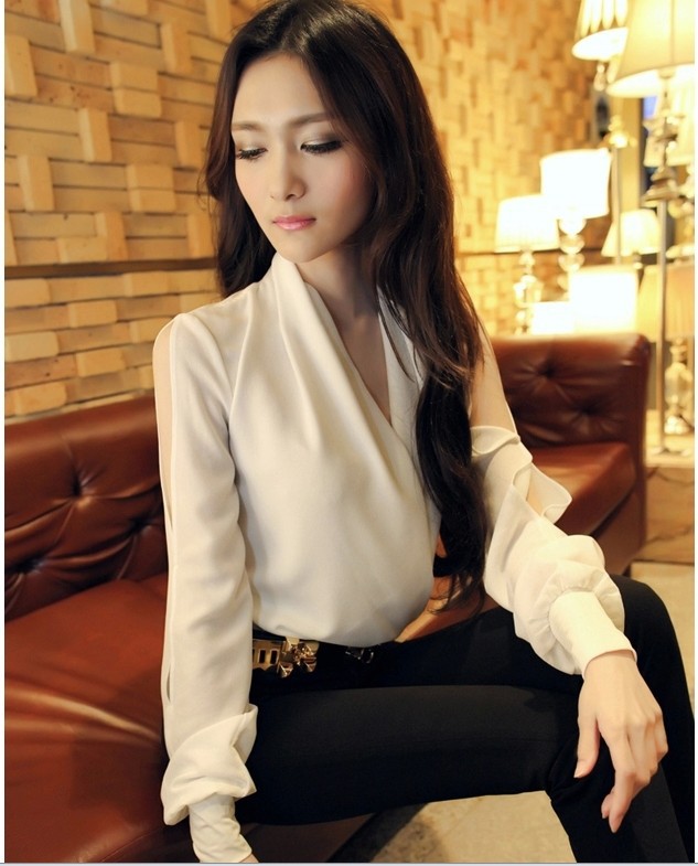 2014新款春装露肩深v性感白色女士衬衫衬衣打底衫雪纺衫