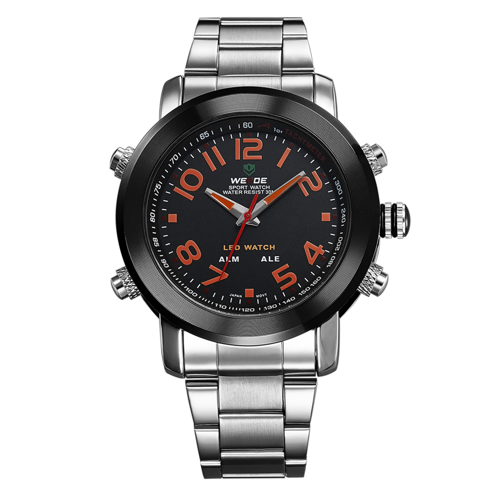 威得weide男式手表钢带双显男表赛车计时潮款led显示石英腕表