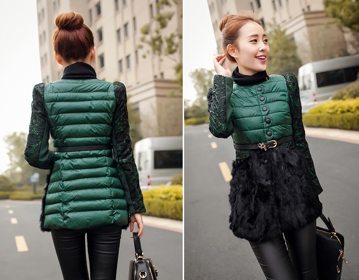 2013冬装新款韩版女装羽绒棉中长款棉衣下摆真兔毛 女式修身棉衣图片