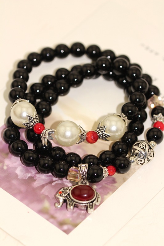 泰国佛牌手链 泰国象神 天然黑玛瑙辟邪佛珠 红玛瑙 多层手链石