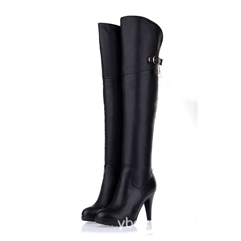 欧美秋冬靴 软面皮 绒里细跟 吊坠牛翻皮皮带扣 拉链过膝女靴批发