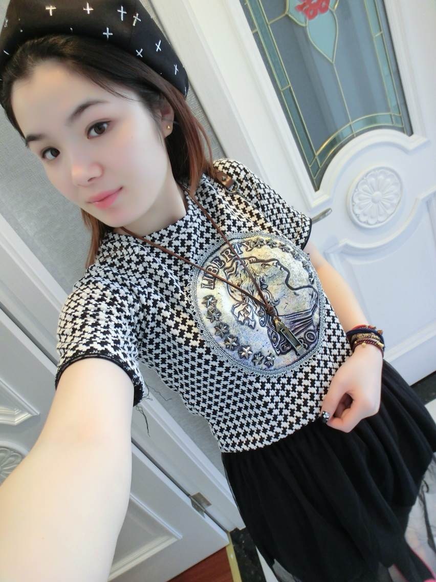 junjun女装正版 2014新款千鸟格拼接网纱半袖连衣裙 女