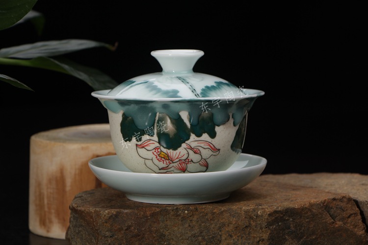 新品手绘油墨荷花流动釉陶瓷茶具 精陶茶具 功夫茶具 陶瓷批发