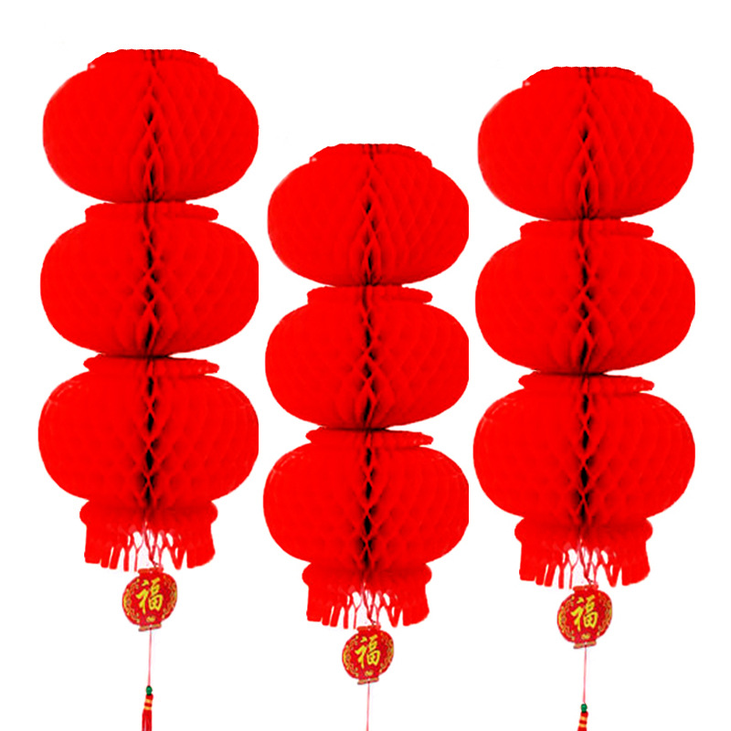 批发婚庆用品 婚房装饰用油塑纸灯笼 精品三连串灯笼 直径30cm