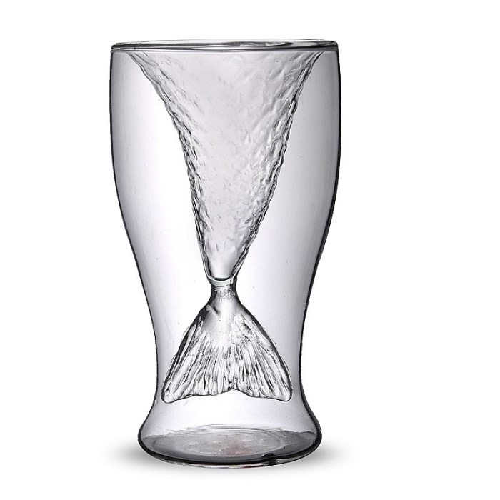 个性时尚美人鱼创意杯子玻璃水杯透明冰淇淋双层美女杯鲨鱼玻璃杯