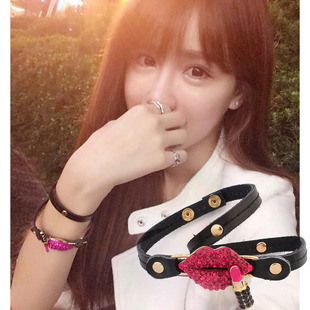 韩国双层优质皮绳性感朋克风红嘴唇口红水晶手链手环手饰手链女