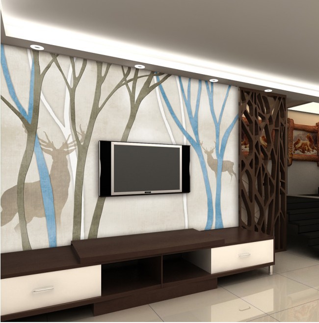 大型壁画订制 电视背景墙壁纸 艺术墙纸 北欧乡村 田园风木色鹿林