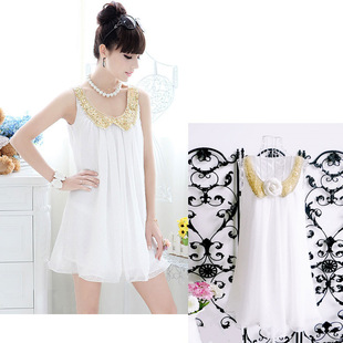 2014春夏装新款 白色小金领 娃娃款 无袖 雪纺连衣裙