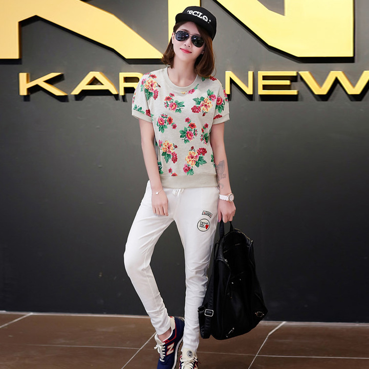 2014夏款女款花衣白裤两件休闲套装 蝙蝠袖女士套装批发